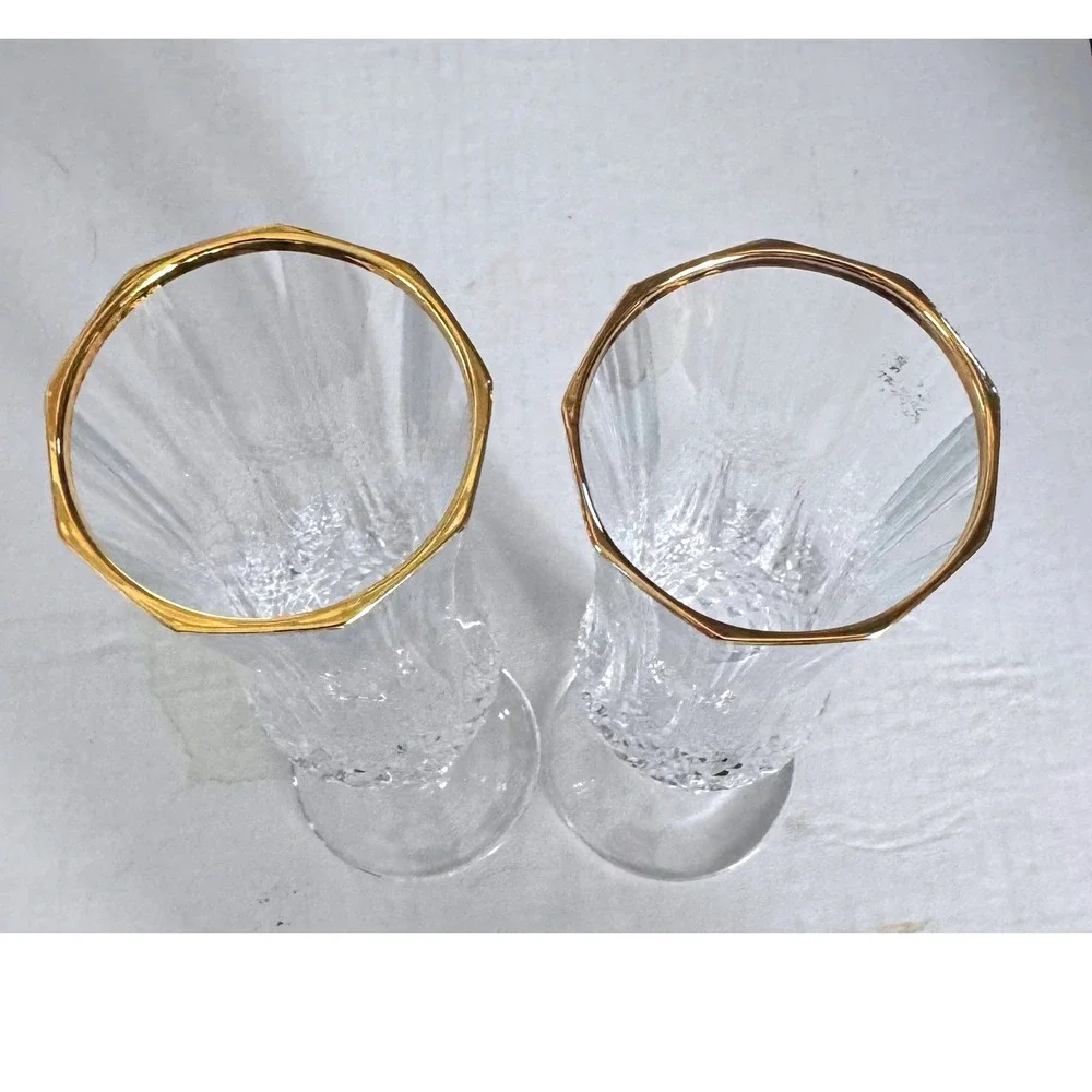 Vintage Gold Rim Octagonal Champagne Flutes Set of 2 Diamond Cut Glass Stemware